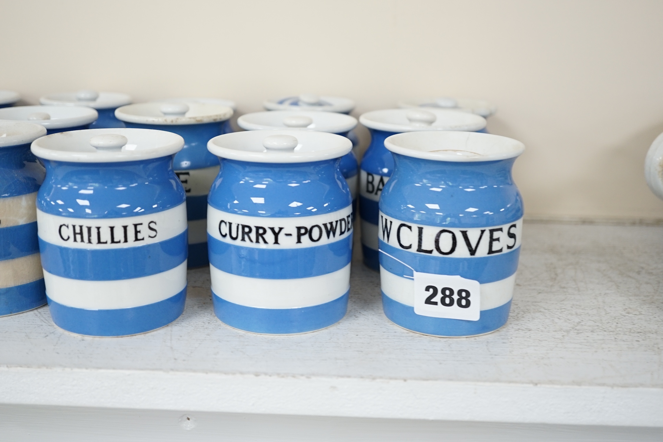 T.G.Green Cornish Kitchenware, eighteen 8.5cm lidded storage jars to include Curry Powder, Baking Soda, Candied Peel, Chillies, Pimento and Arrowroot, mixed marks. Condition - poor, fair and good